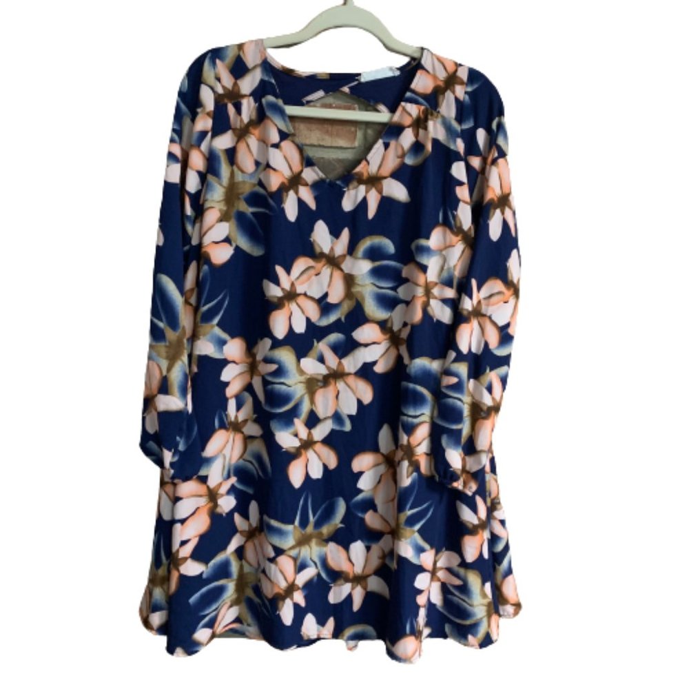Peach Love California Long Sleeve Small Floral Print Women's V-Neck Dress EUC